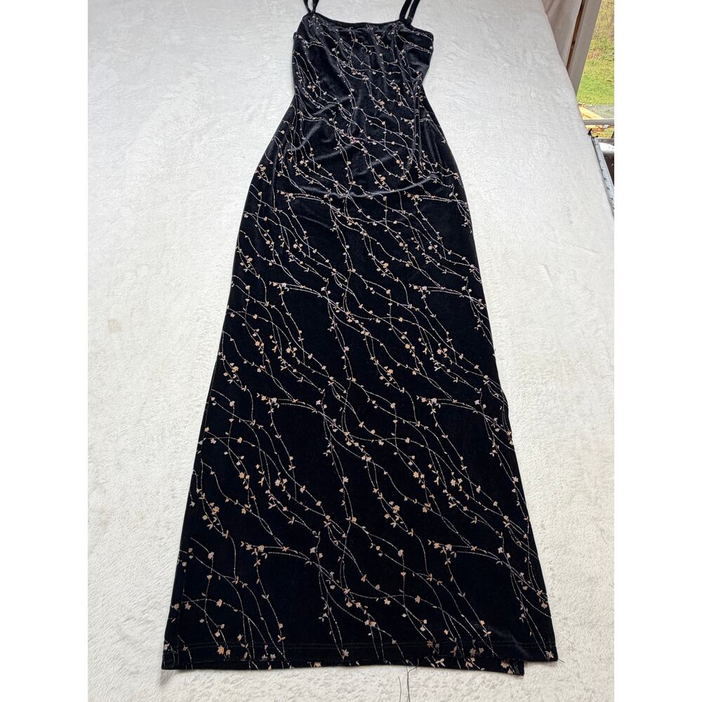 Vintage Lucca USA Black Velvet Floral Maxi Dress Slit Gothic Whimsigoth Sz Small